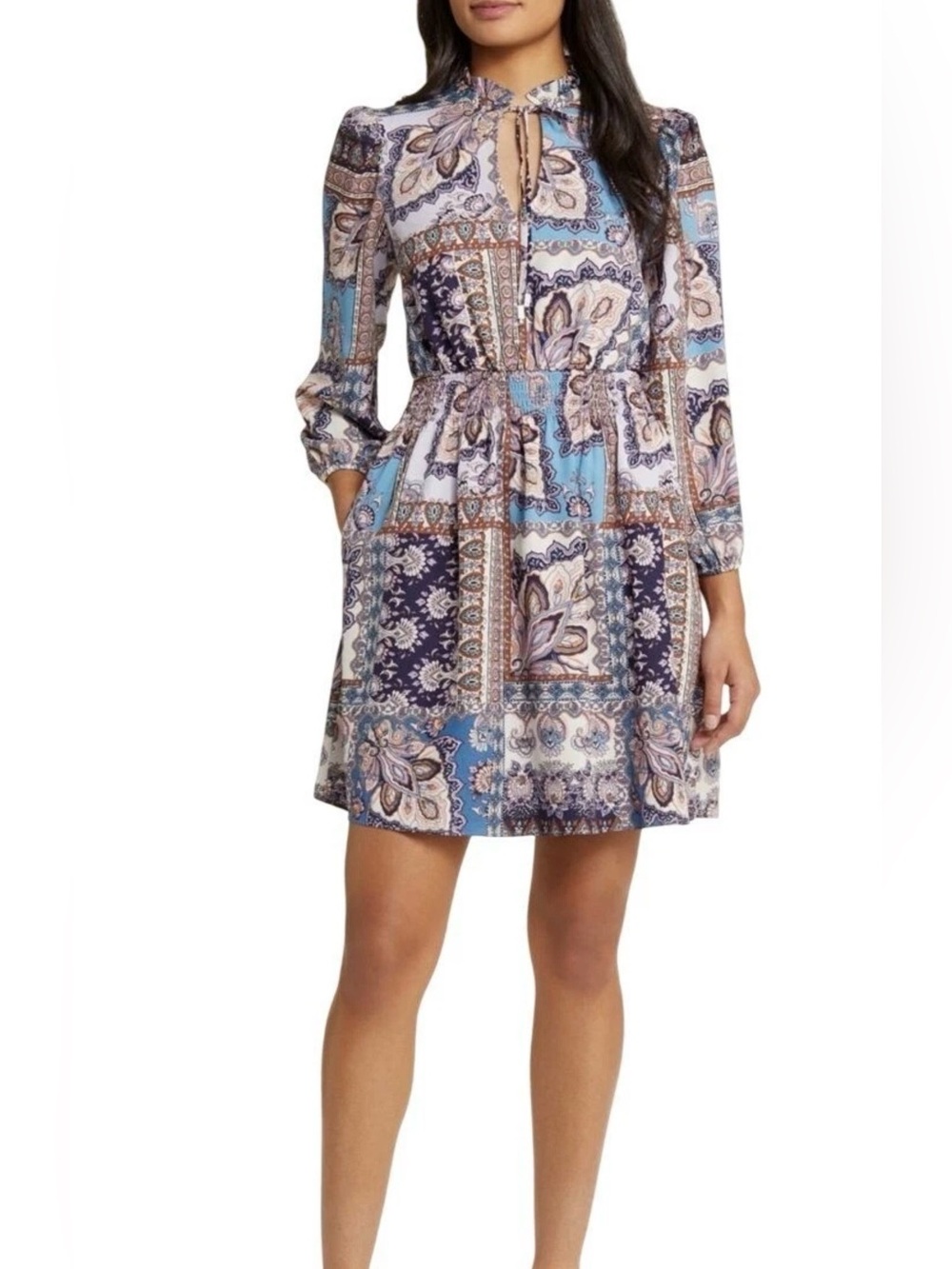 Vince Camuto Paisley Long Sleeve Smocked Waist Dress Blue (16)